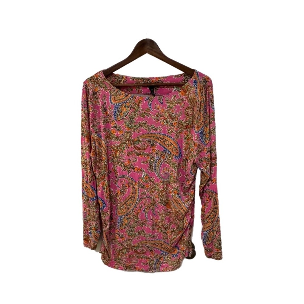 Lauren Ralph Lauren Top Women 2X Pink Paisley Ruched Long Sleeve Shirt Excellent